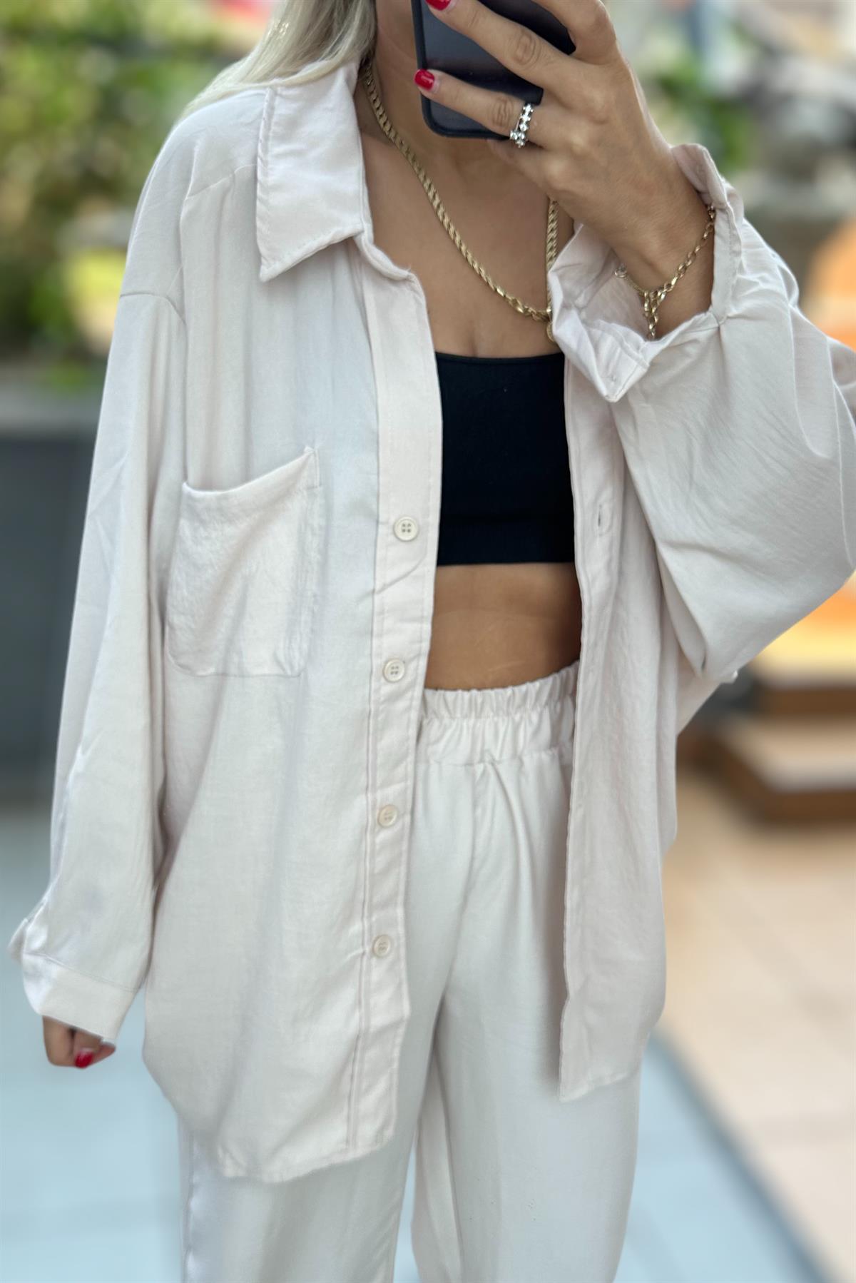 Bej Oversize GömlekGÖMLEK