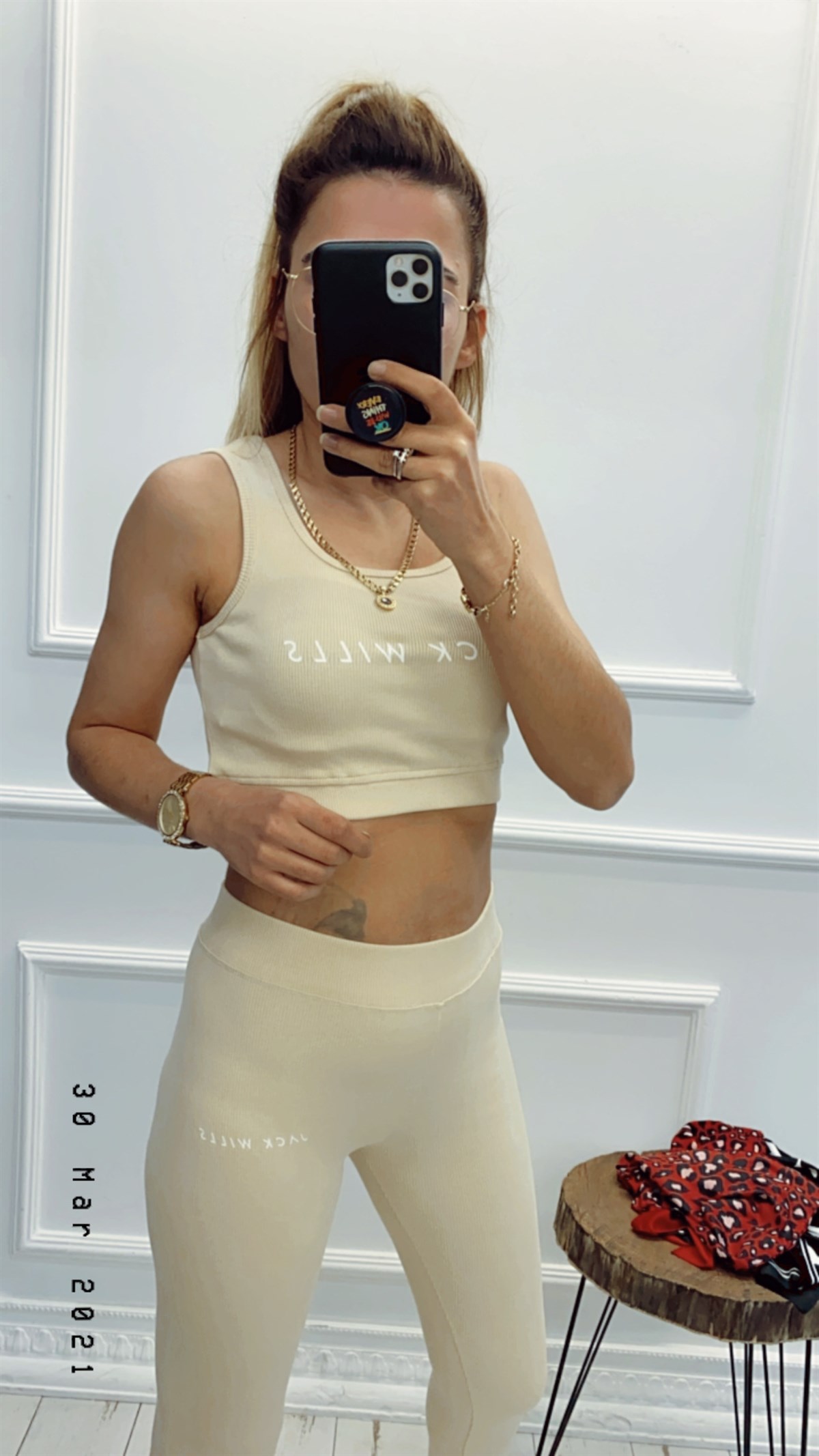Bej Rengi Tayt Crop Takım