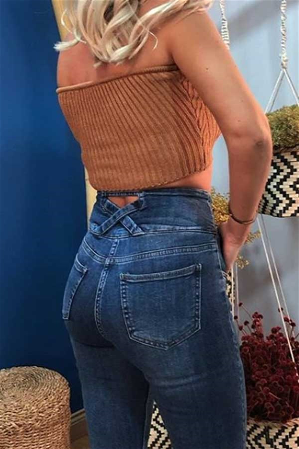 Beli Çapraz Detay Mavi Skinny Jean