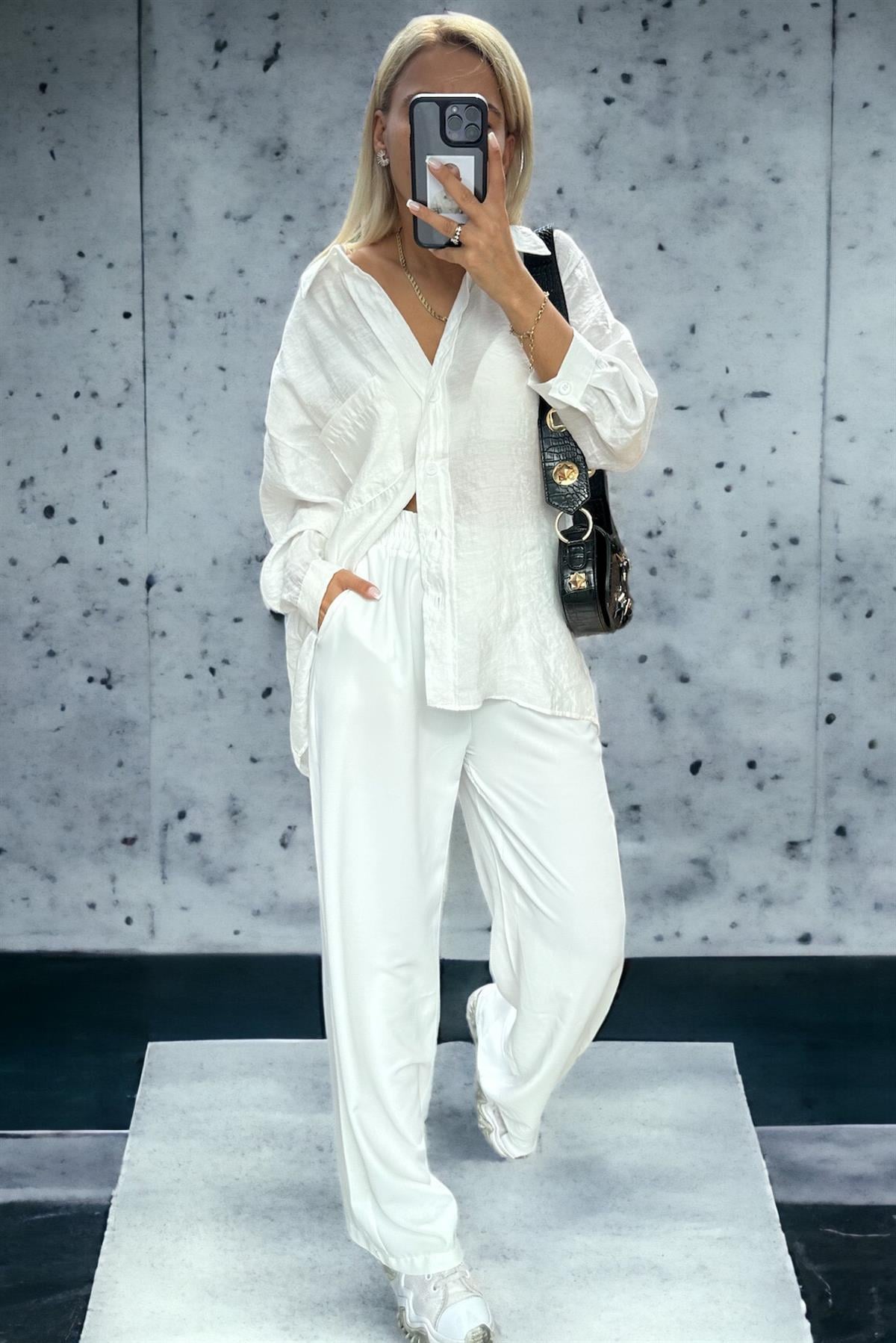 Beli Lastikli Beyaz Salaş Tril PantolonPANTOLON