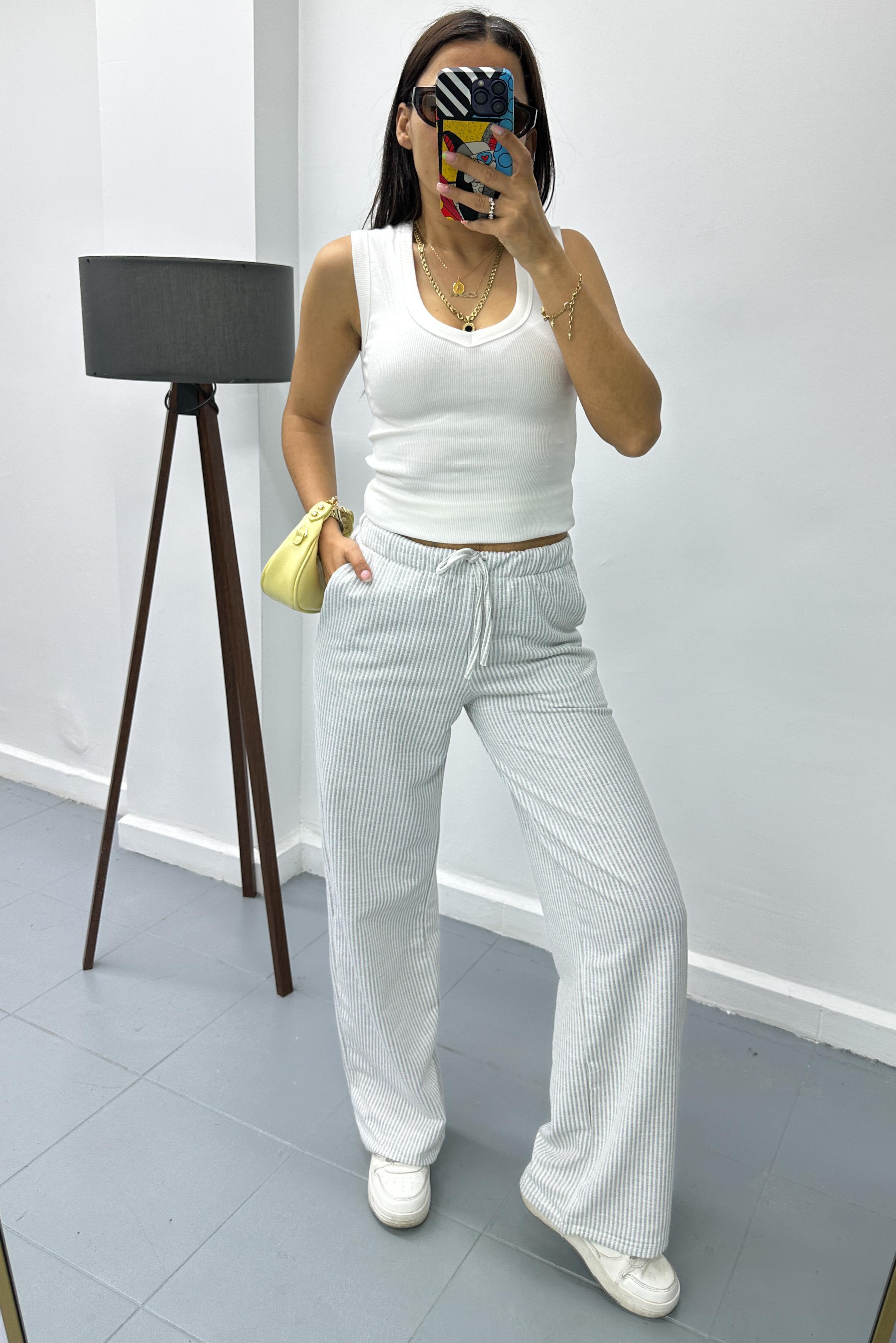 Beli Lastikli Çizgili Gri PantolonPANTOLON