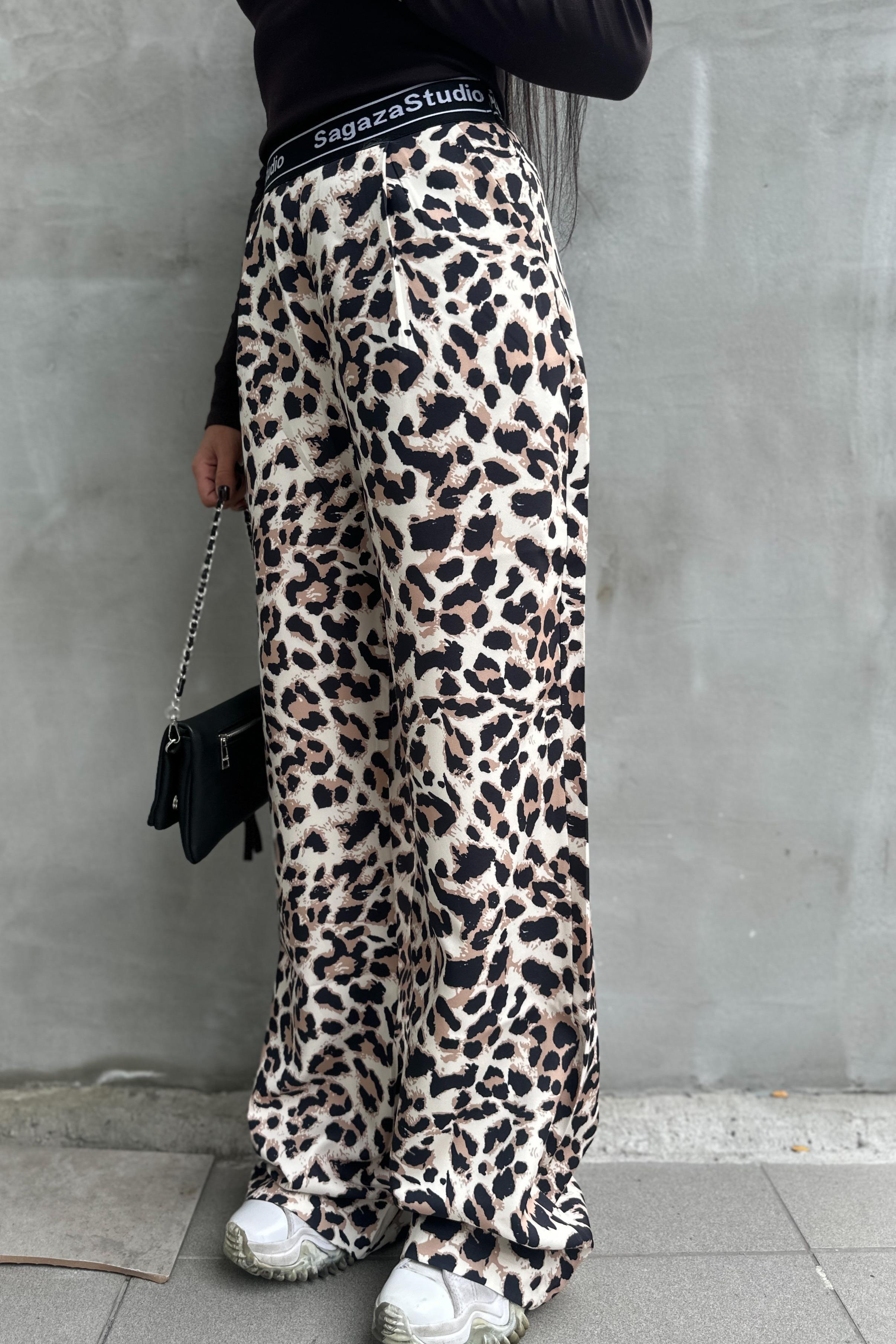 Beli Lastikli Dokuma Leopar PantolonPANTOLON