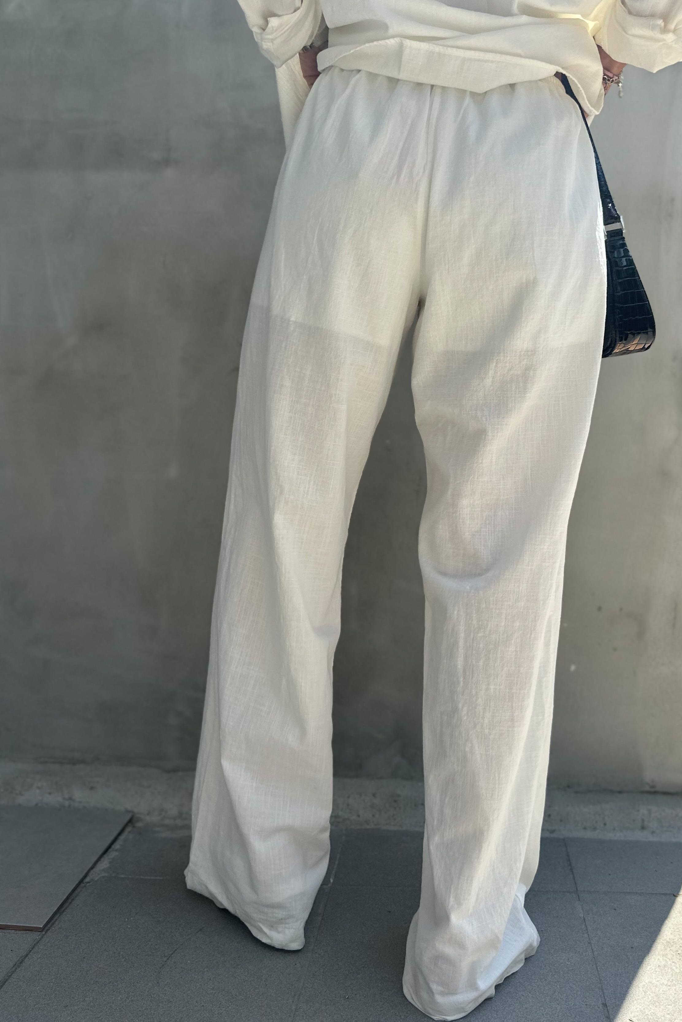 Beli Lastikli Ekru Keten PantolonPANTOLON