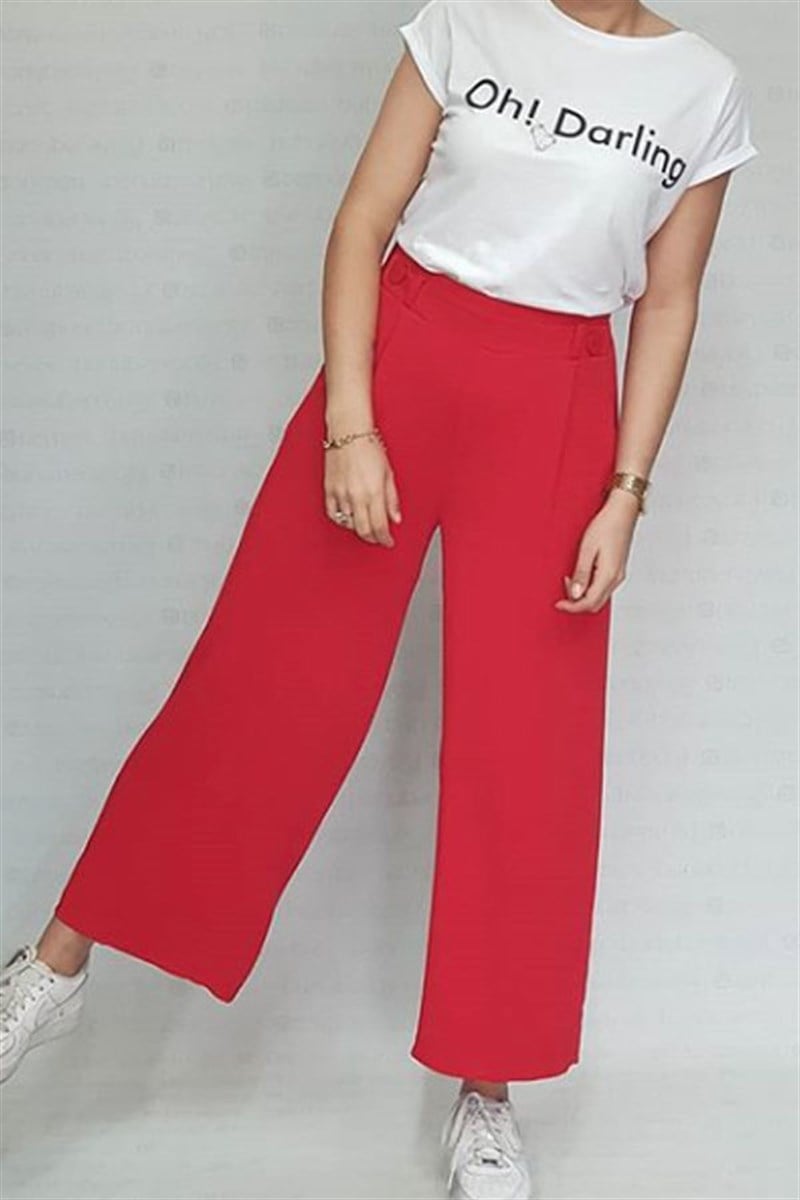 Beli Lastikli Midi Kırmızı Pantalon