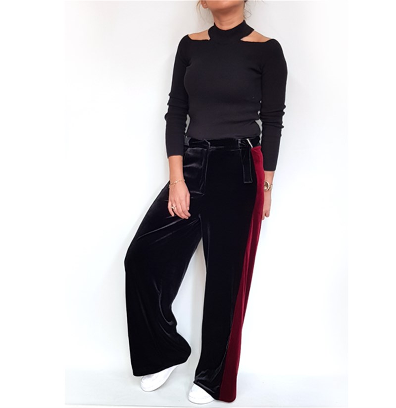 Beli Tokalı Bordo Şeritli Kadife Pantalon