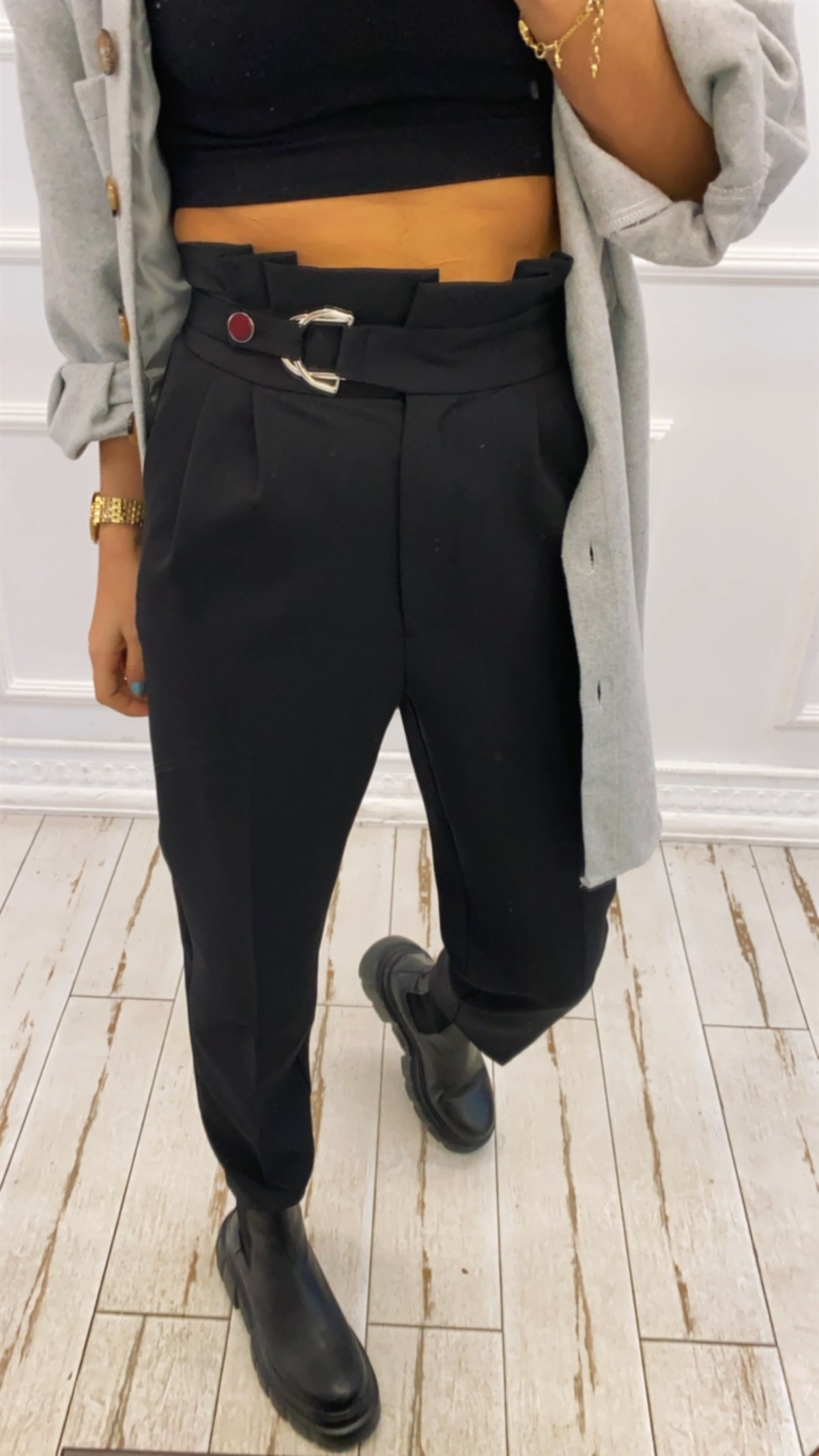 Beli Tokalı Siyah Kumaş PantolonPANTOLON