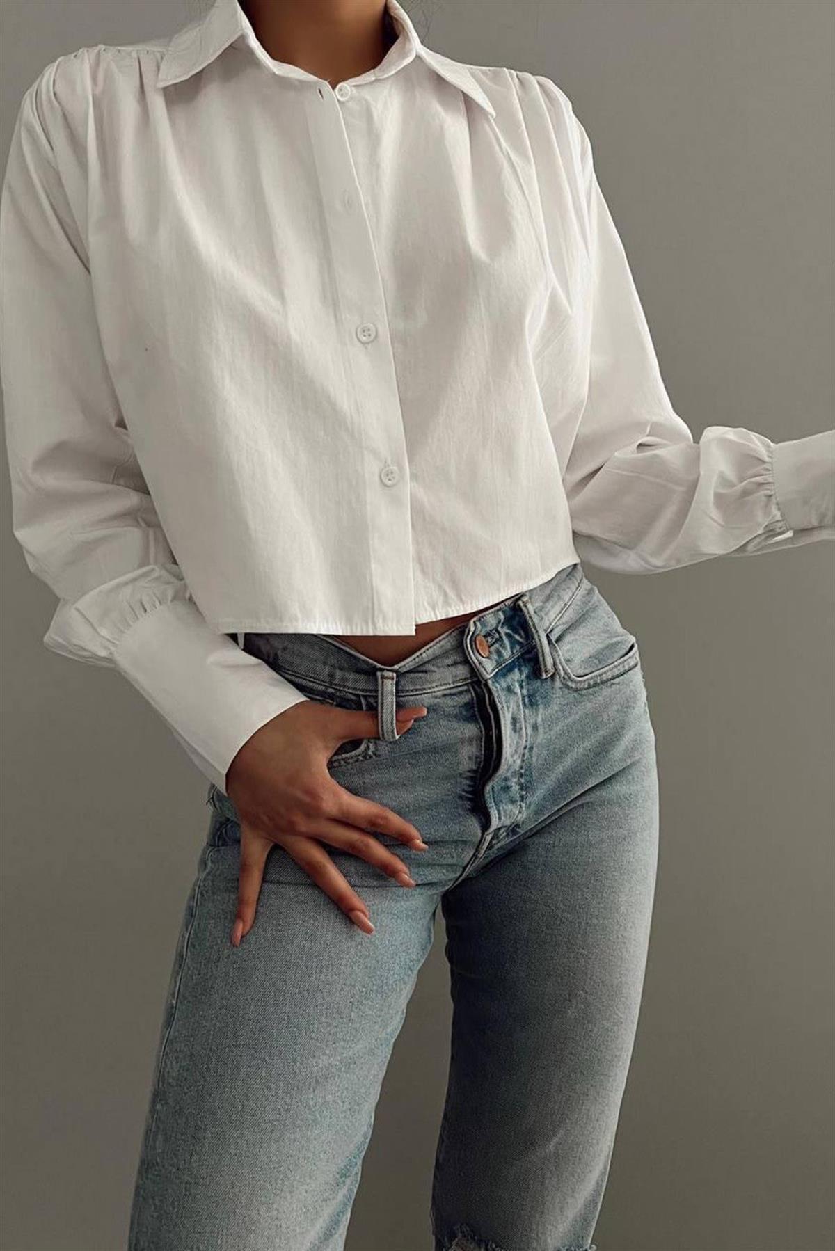 Beyaz Poplin Crop GömlekGÖMLEK