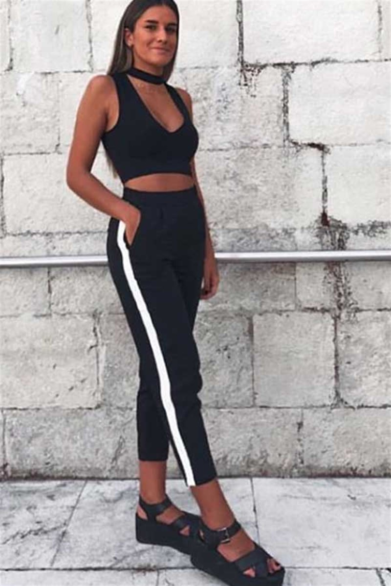 Beyaz Şeritil Siyah Havuç Pantalon