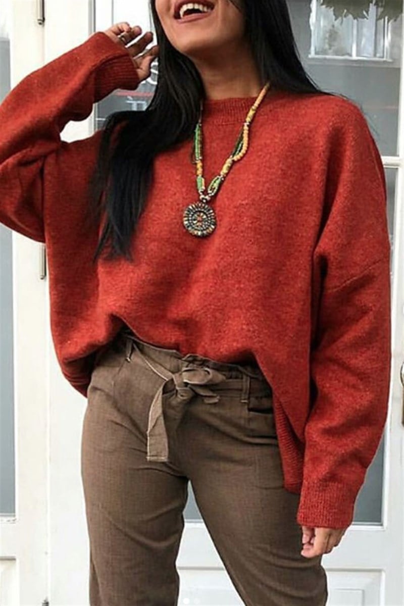 Bisiklet Yaka Basic Salaş Kiremit Kazak