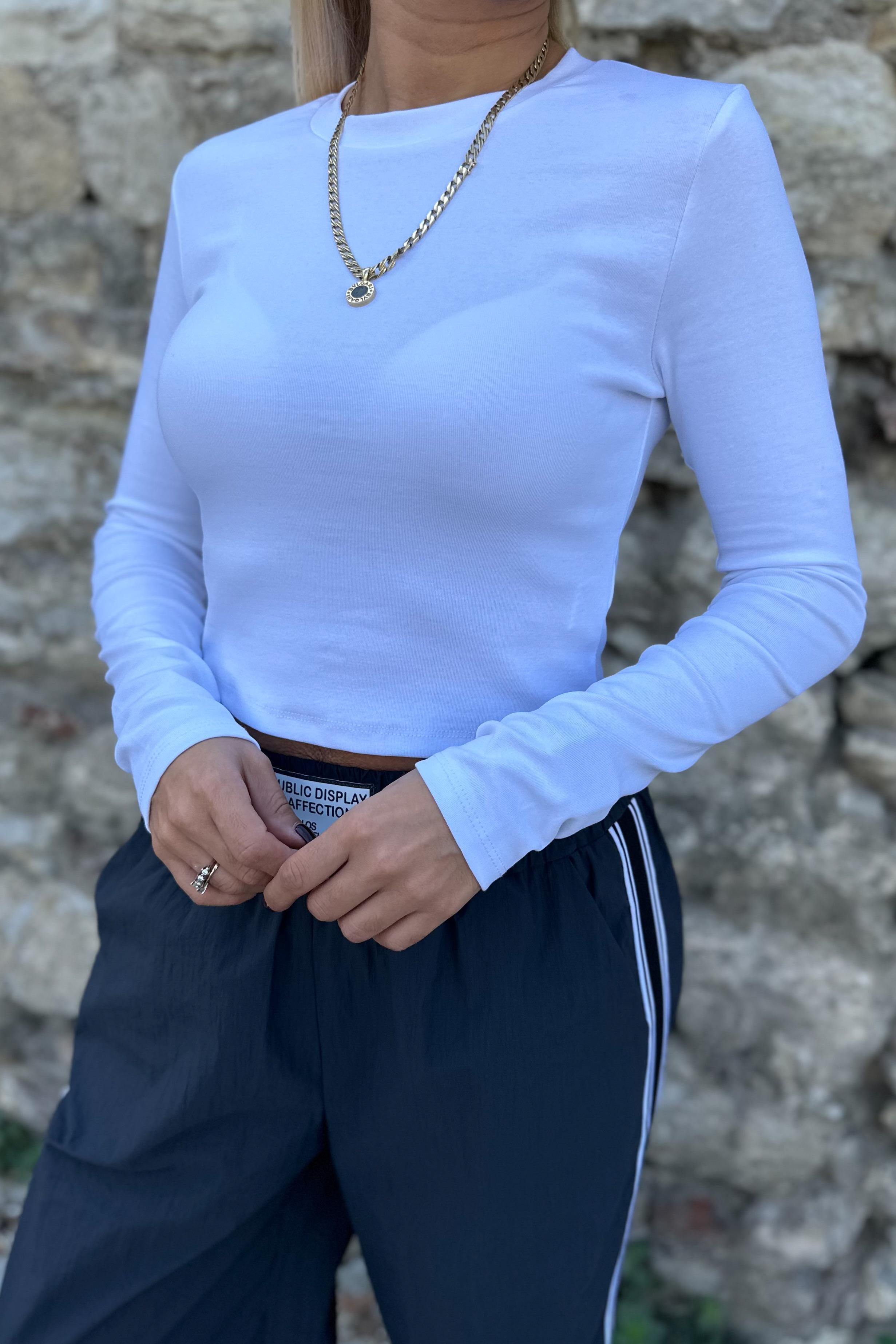 Bisiklet Yaka Beyaz Uzun Kollu BodyCROP