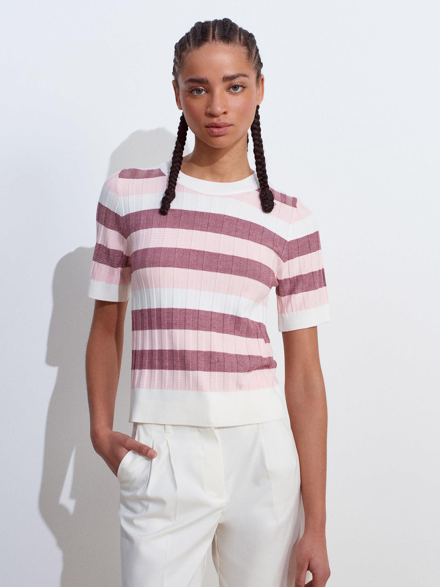 Bisiklet Yaka Çizgili Yumuşak Dokulu Pembe Triko BluzBLUZ