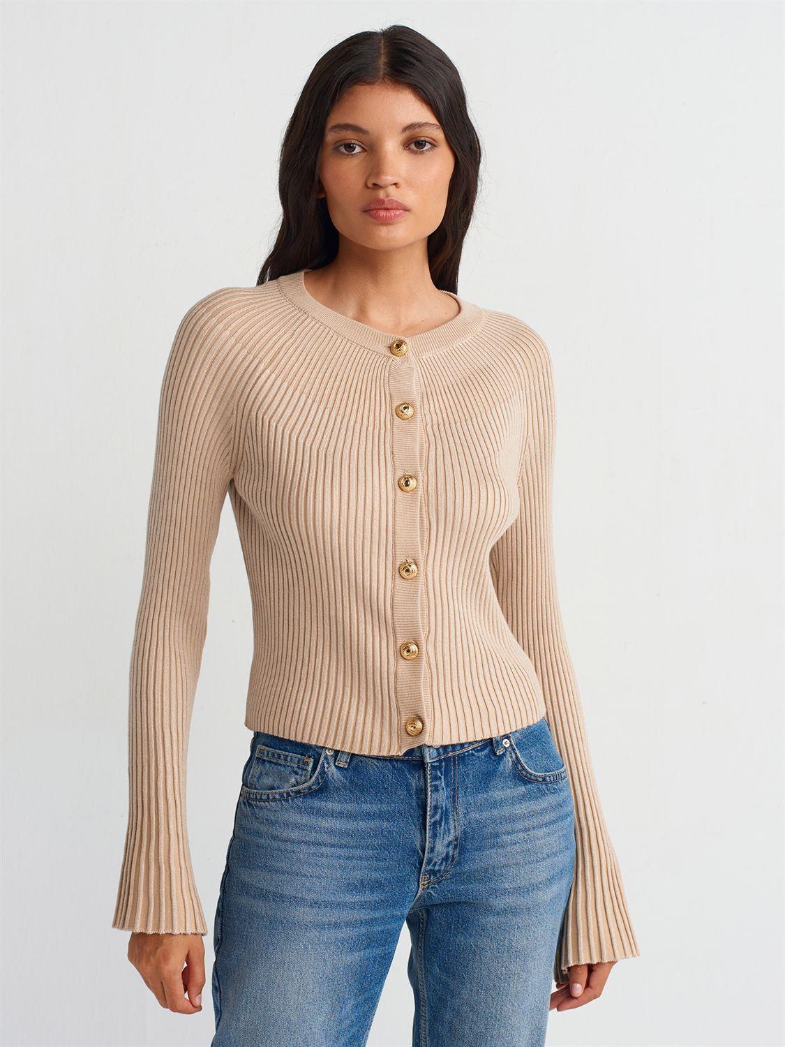Bisiklet Yaka Düğmeli İspanyol Kol Açık Bej Triko HırkaÇOK SATANLAR