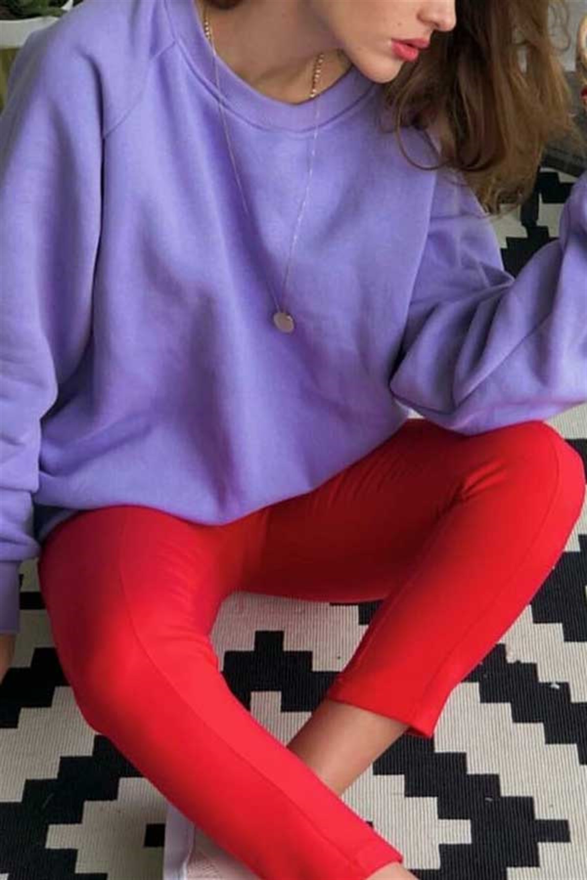 Bisiklet Yaka Oversize Lila Sweatshirt