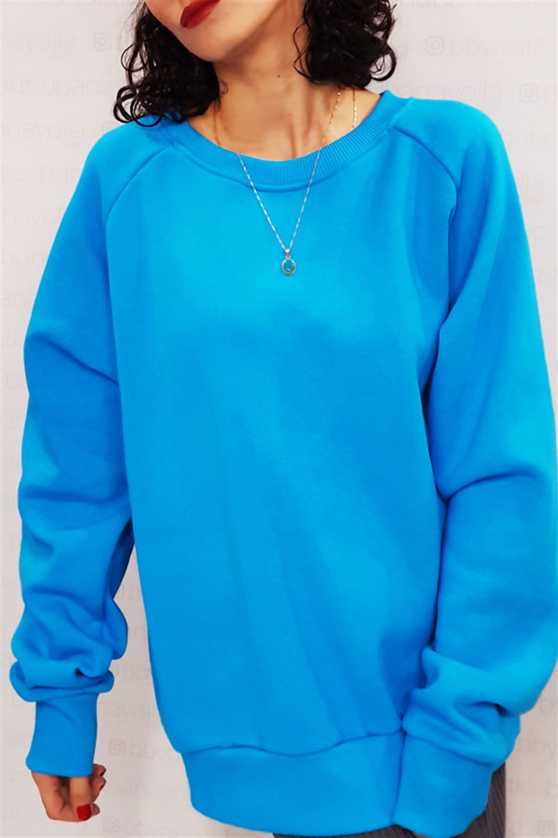 Bisiklet Yaka Oversize Mavi Sweatshirt