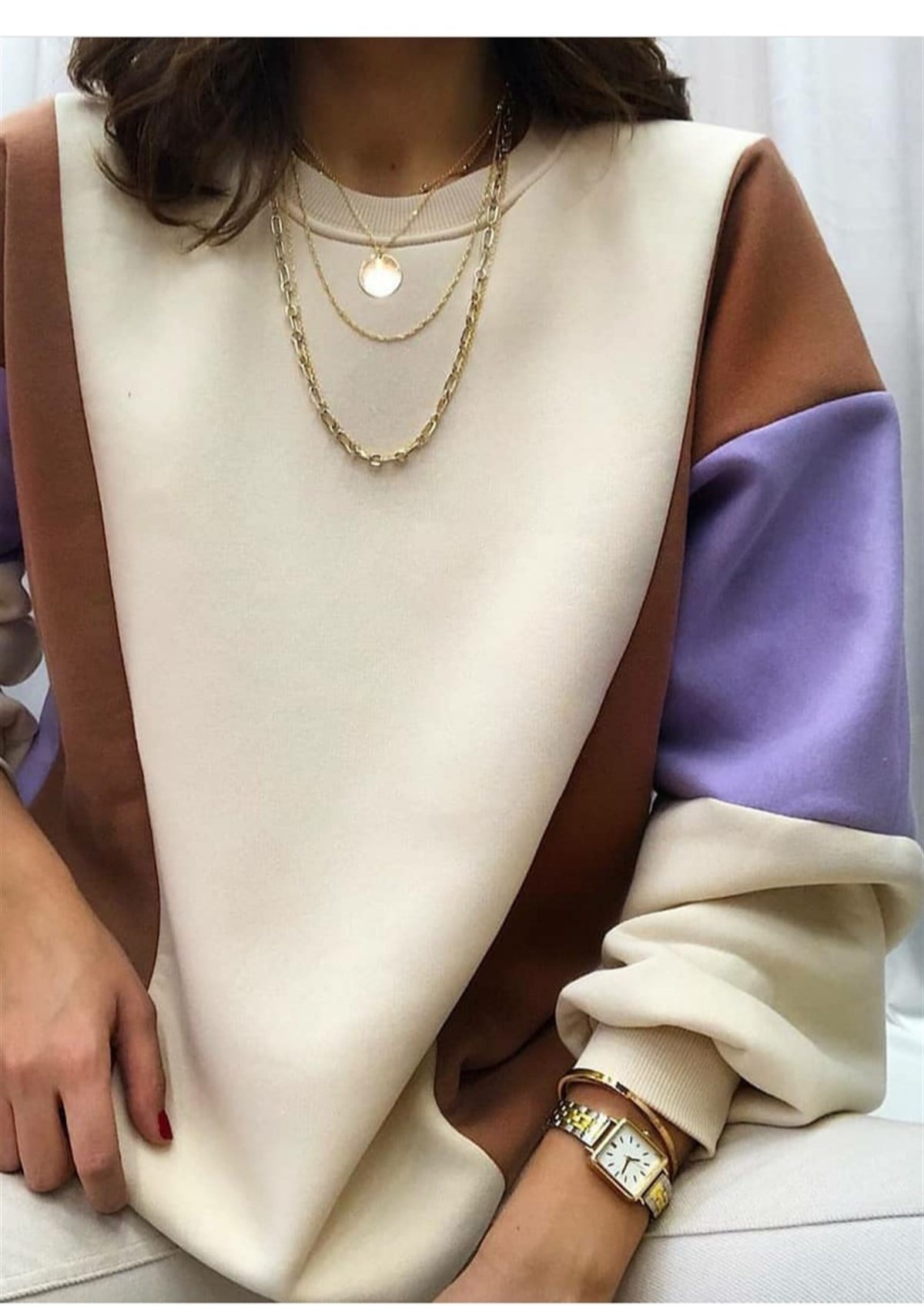 Blok Renkli Bej Sweat