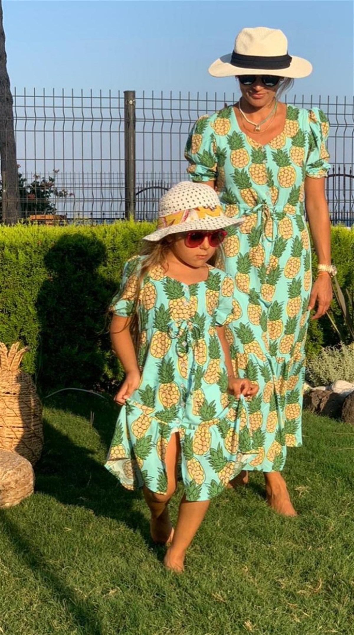 Büyük Ananas Baskılı Anne Kız Kombini Anne Elbisesi