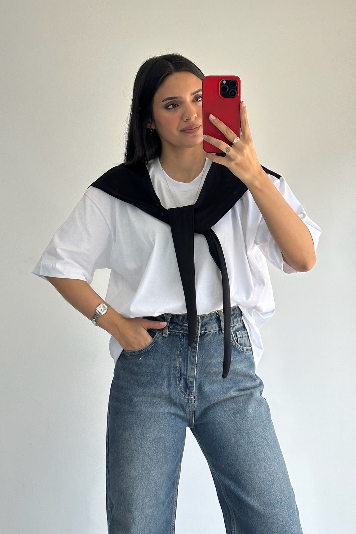 Kendinden Bağlamalı Beyaz Siyah Tshirt