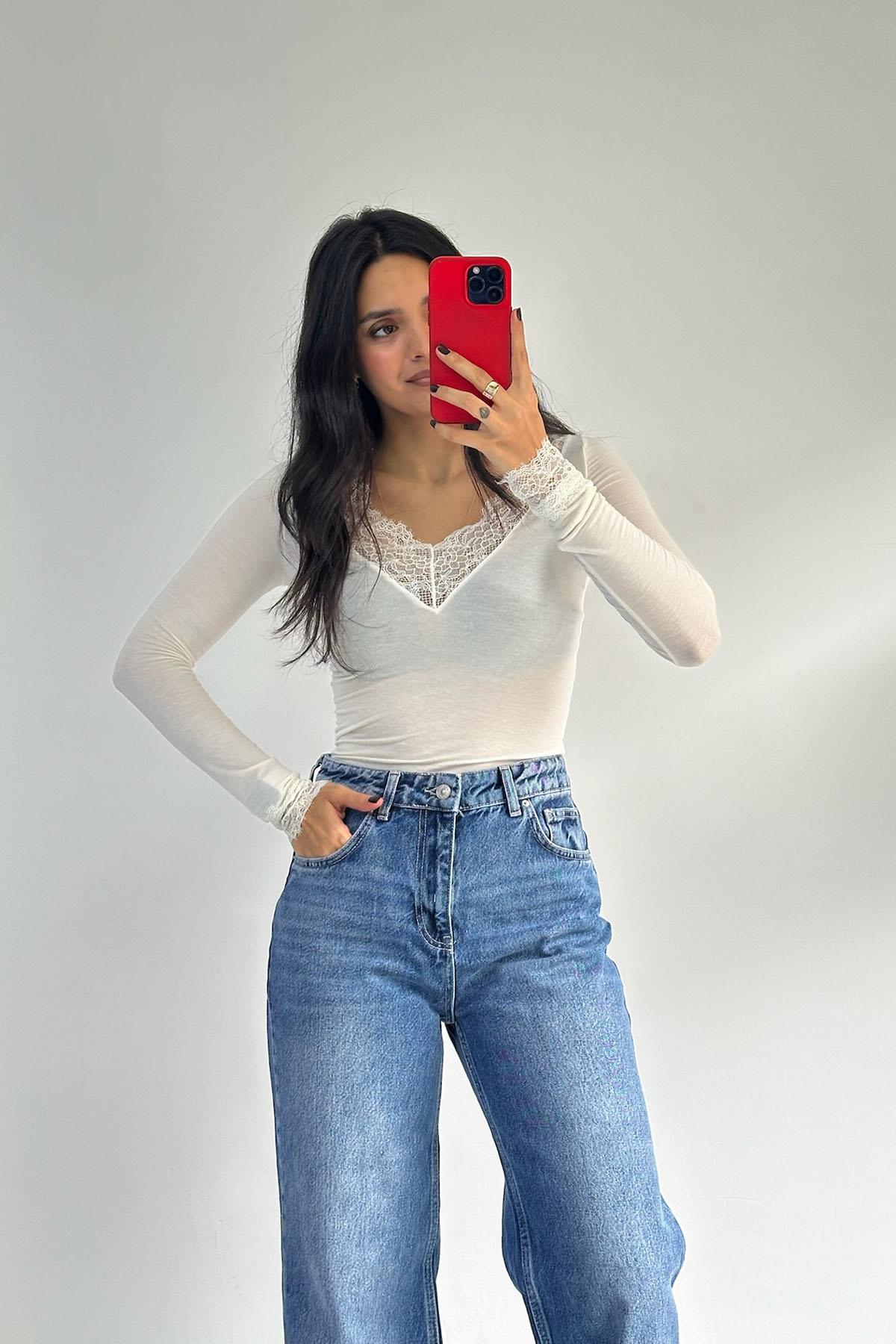 Dantelli Ekru Kaşmir Bluz