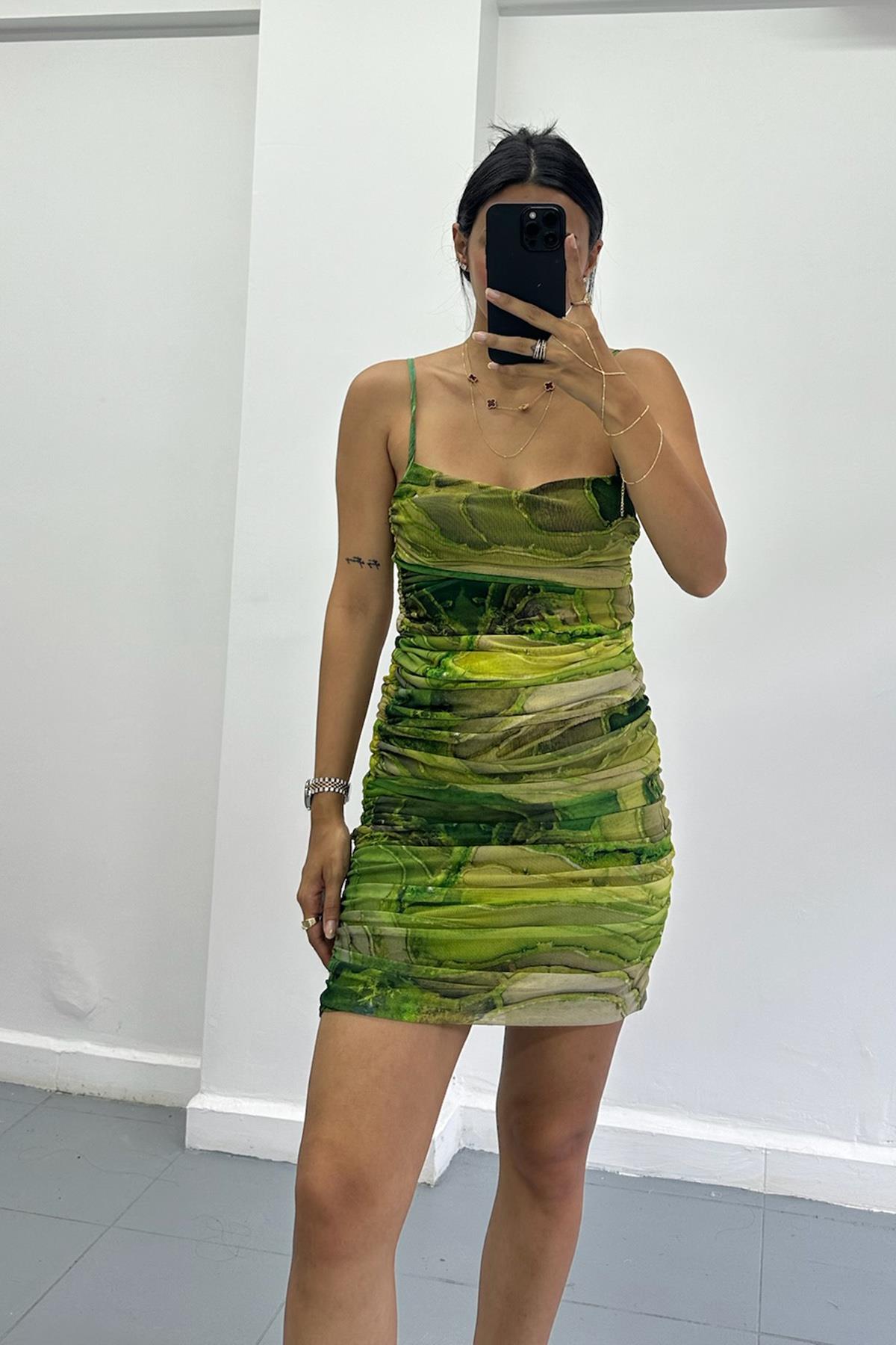 Drapeli Yeşil Mini Elbise