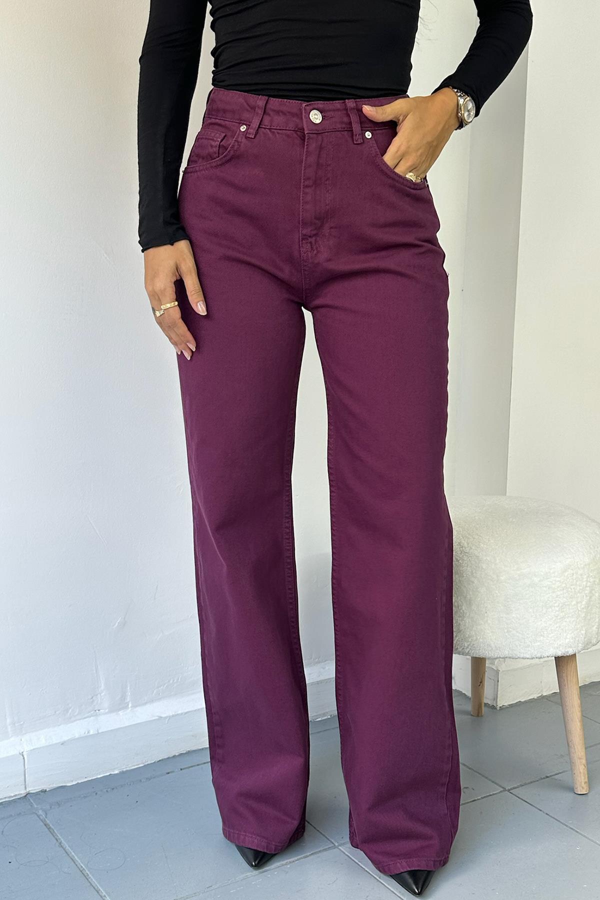Parçaboya Geniş Kesim Denim Mor Pantolon