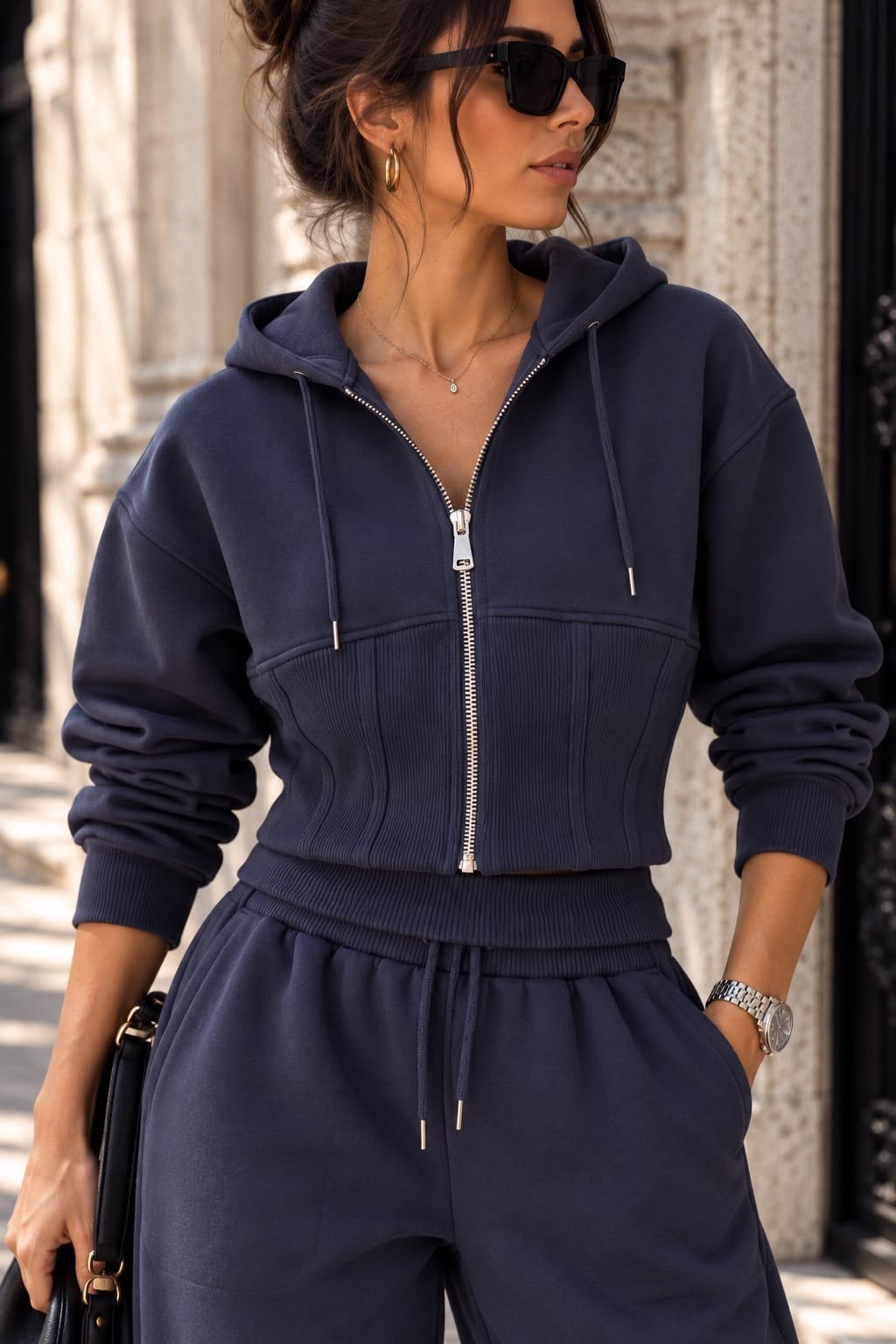 Korse Bel Lacivert Fermuarlı Sweatshirt