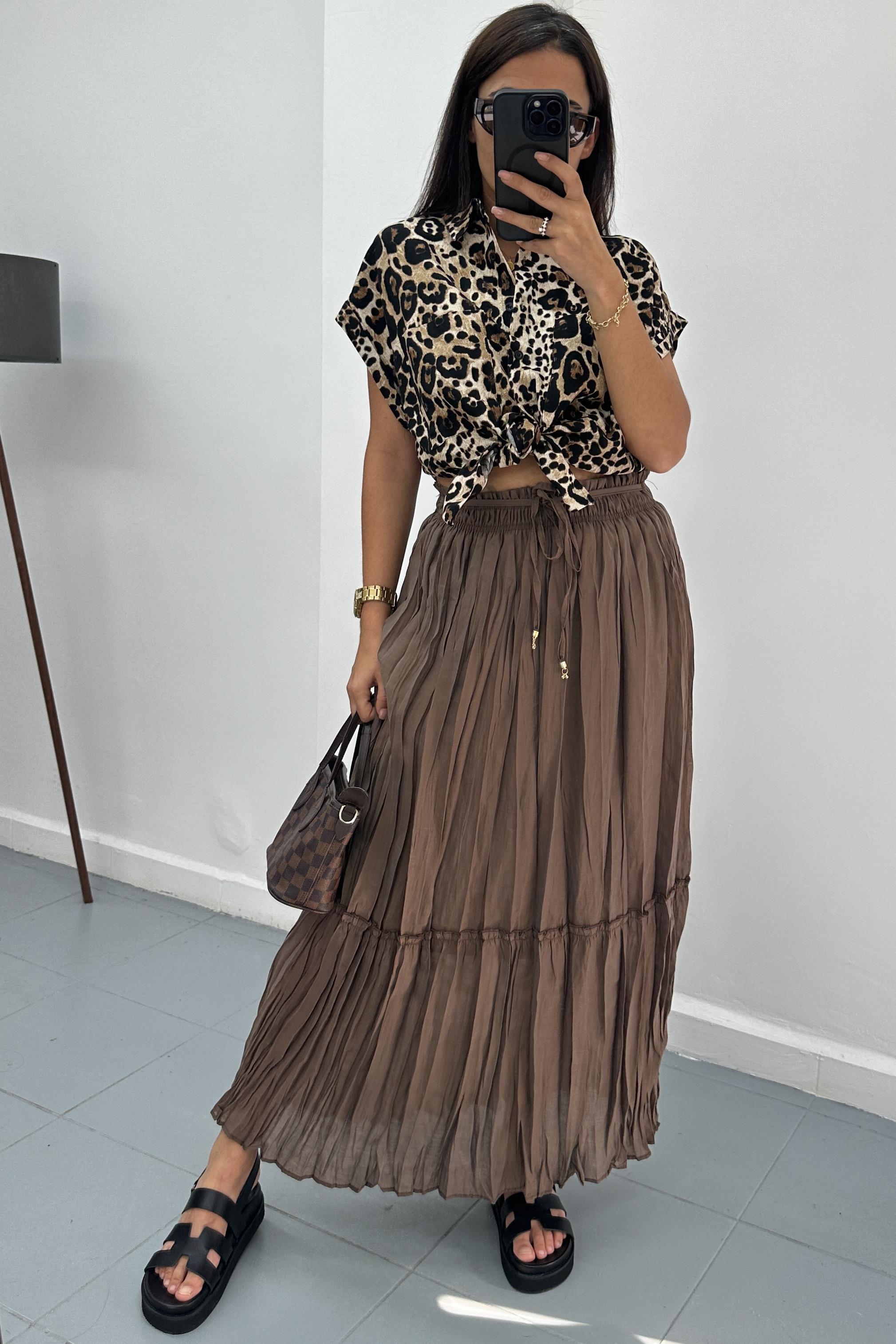 Beli Lastikli Kahverengi Kraşlı Etek