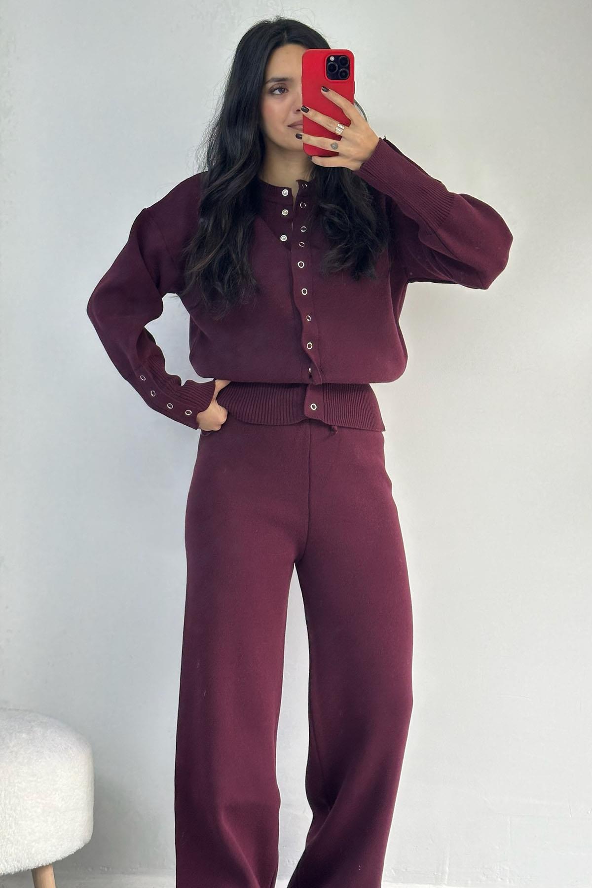 Çıtçıt Düğmeli Premium Triko Bordo Takım