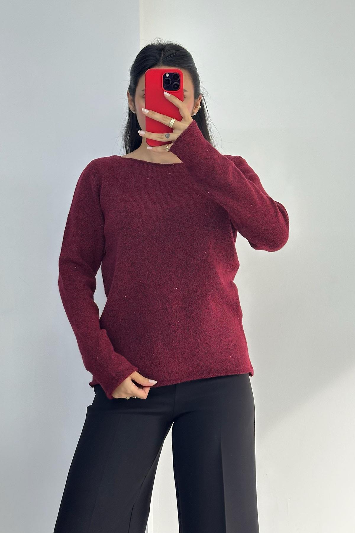 Kayık Yaka Pullu Simli Bordo Triko Kazak