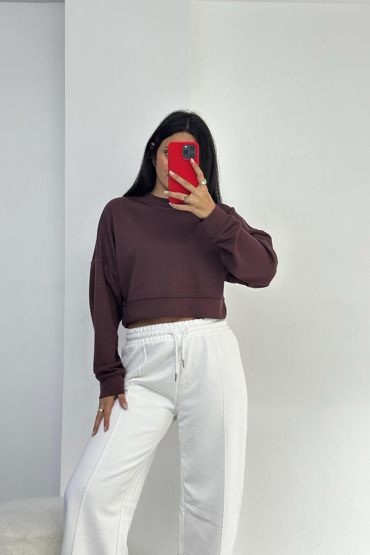 Logolu Crop Model Kahve Sweatshirt