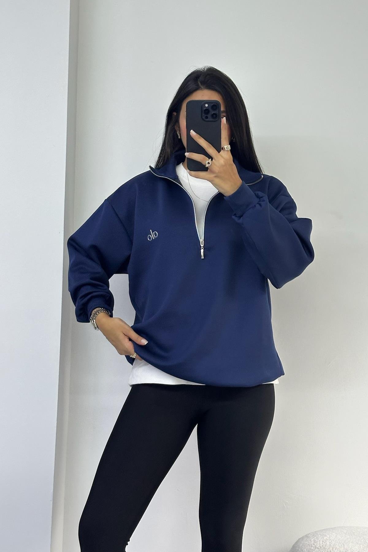 Enjeksiyon Baskılı Fermuarlı Scuba Mavi Sweatshirt