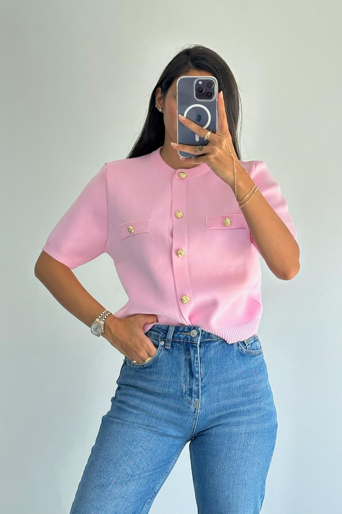 Gold Düğmeli Kısa Kol Pembe Triko Hırka