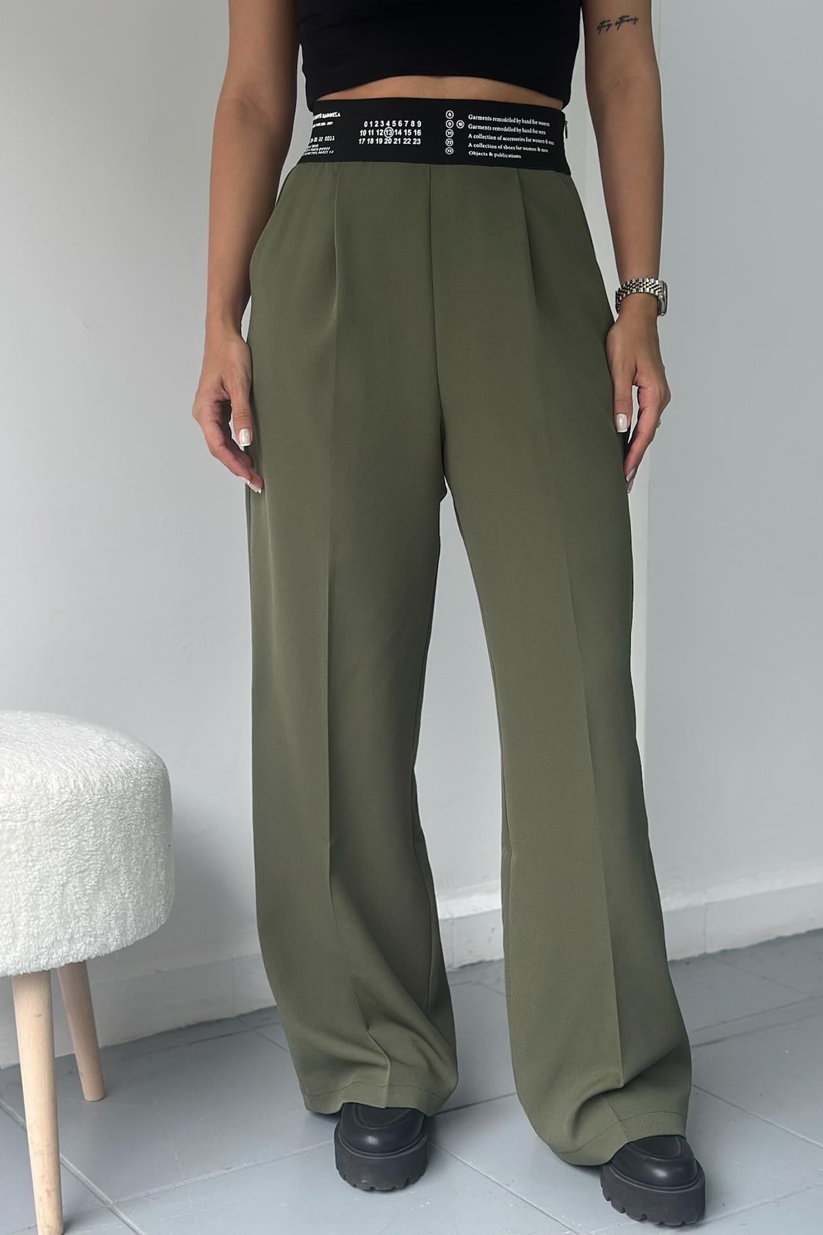 Beli Lastik Detaylı Haki Palazzo Pantolon