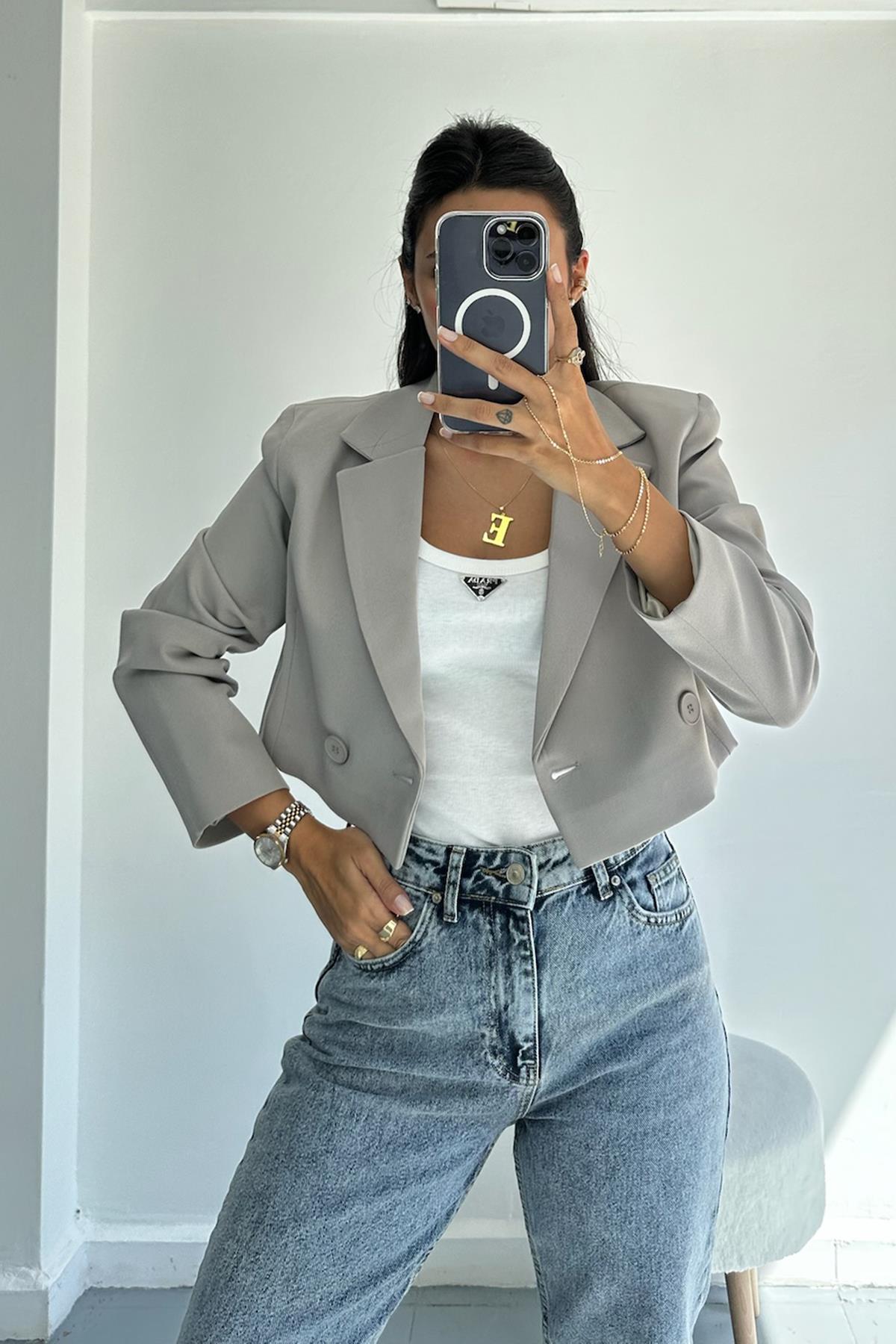 Gri Mini Blazer Ceket