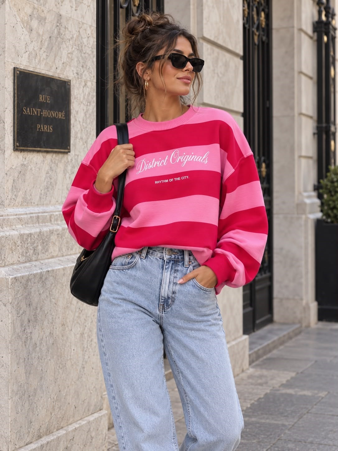 Kalın Çizgili Pembe-Kırmızı Oversize Sweatshirt