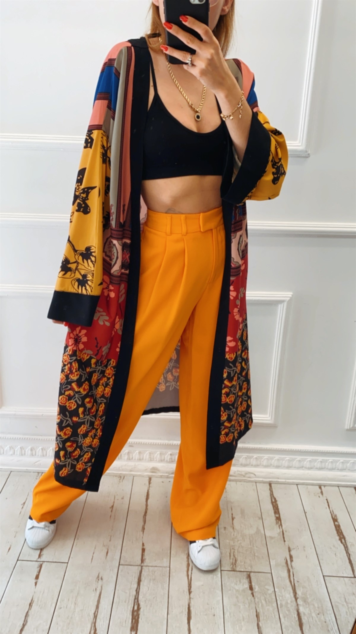 Çiçek Desen Kuşaklı Kimono