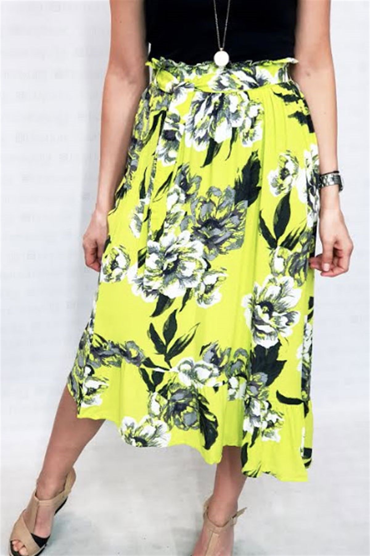Çiçekli Fıstık Yeşili Asimetrik Etek