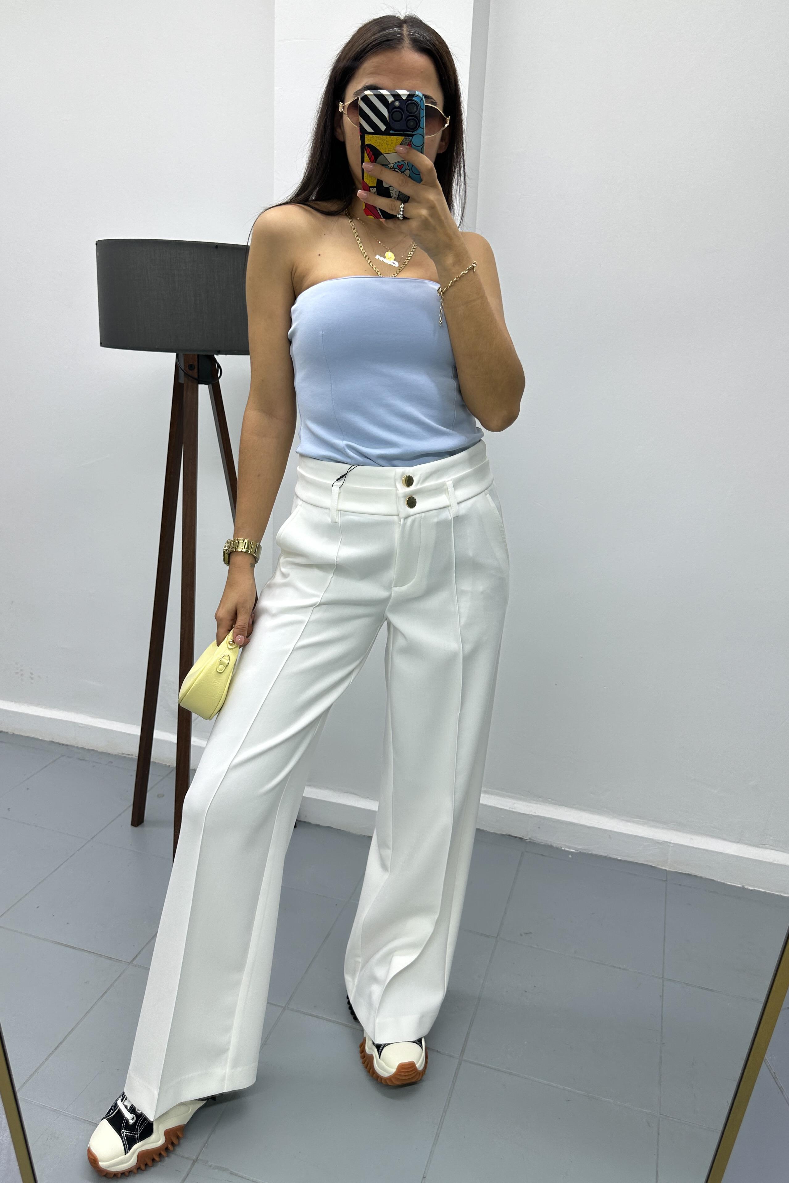 Çift Bel Bantlı Beyaz PantolonBLUZ