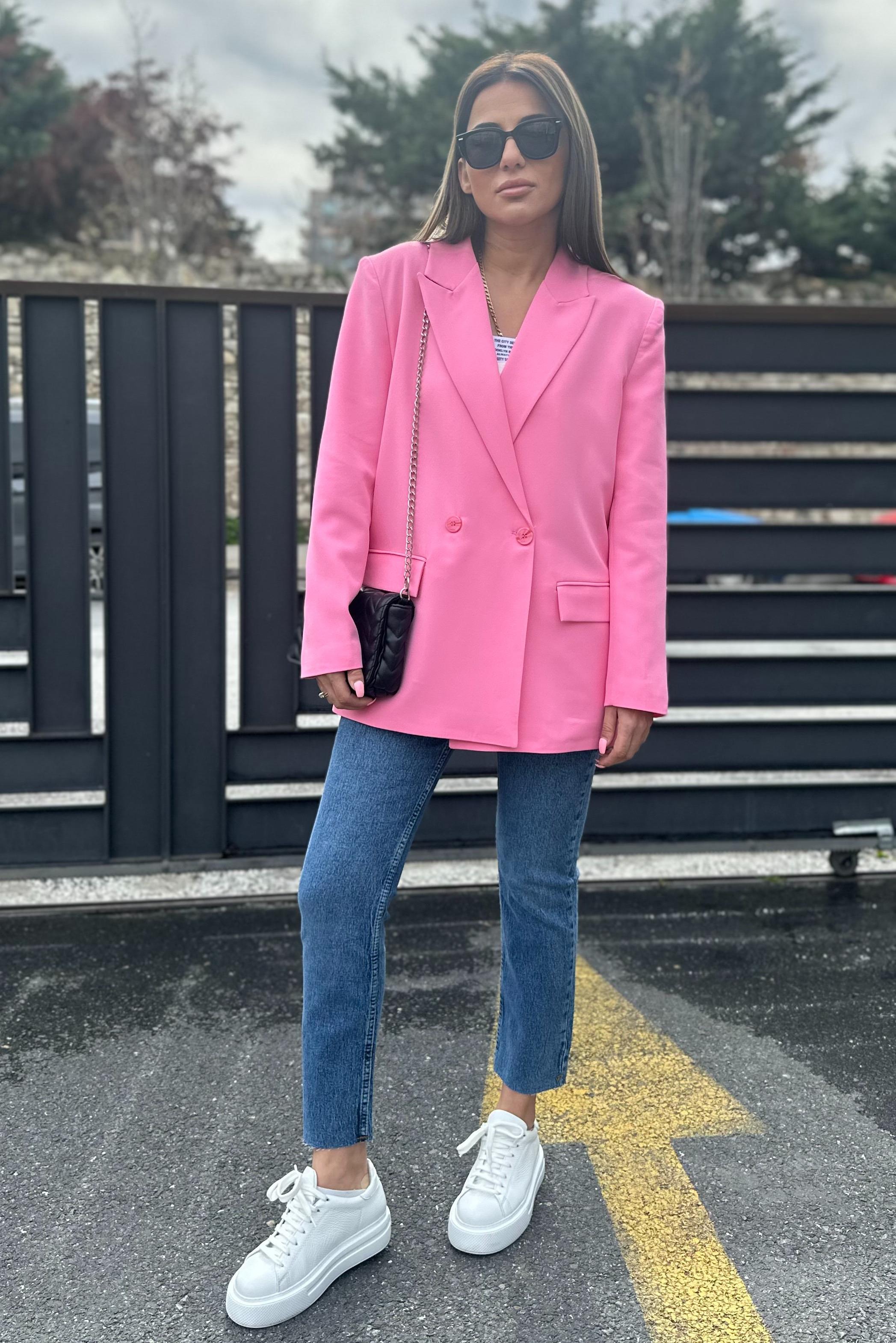 Çift Düğmeli Pembe Blazer CeketDIŞ GİYİM