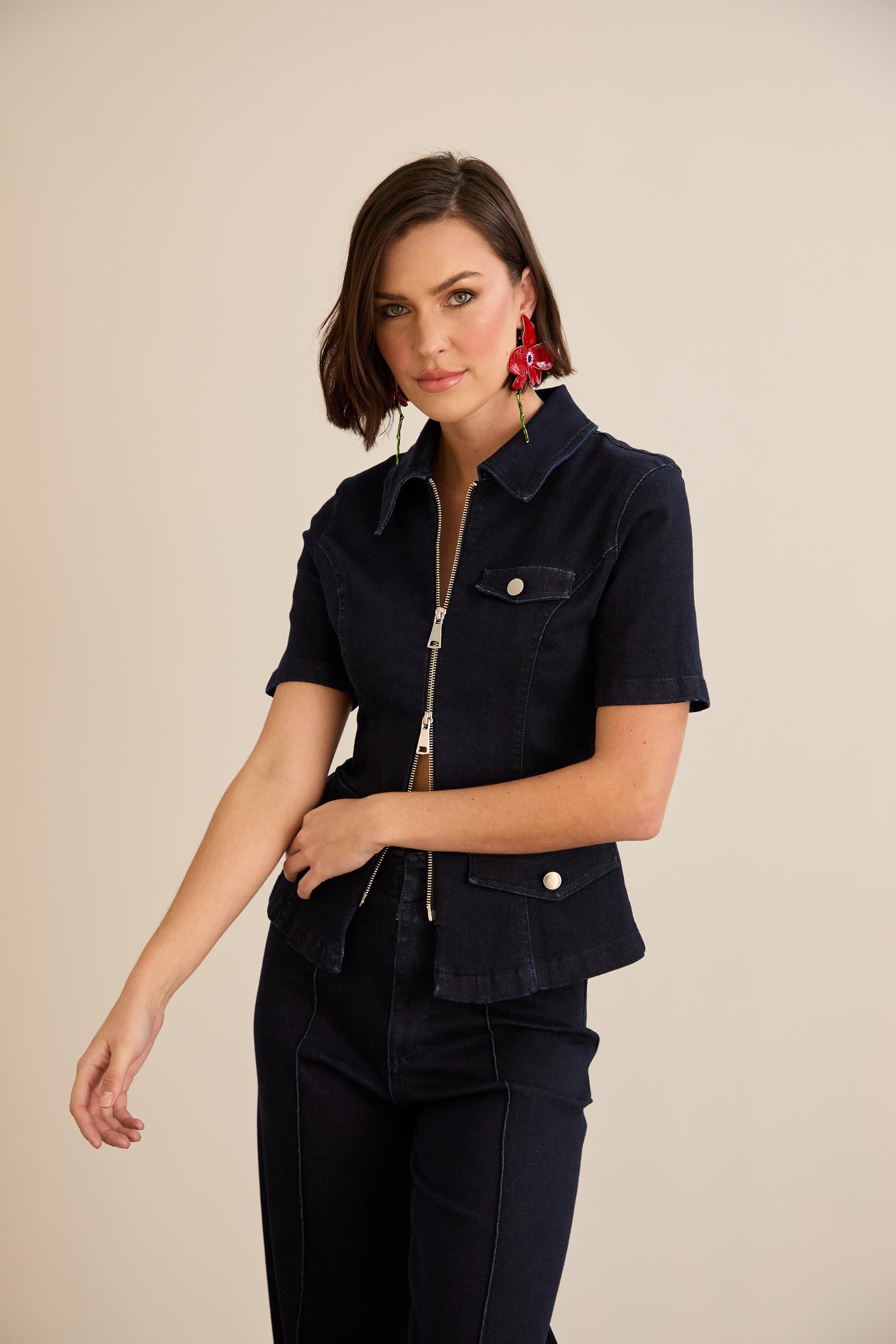 Çift Fermuarlı Kısa Kollu Denim GömlekYENİ GELENLER