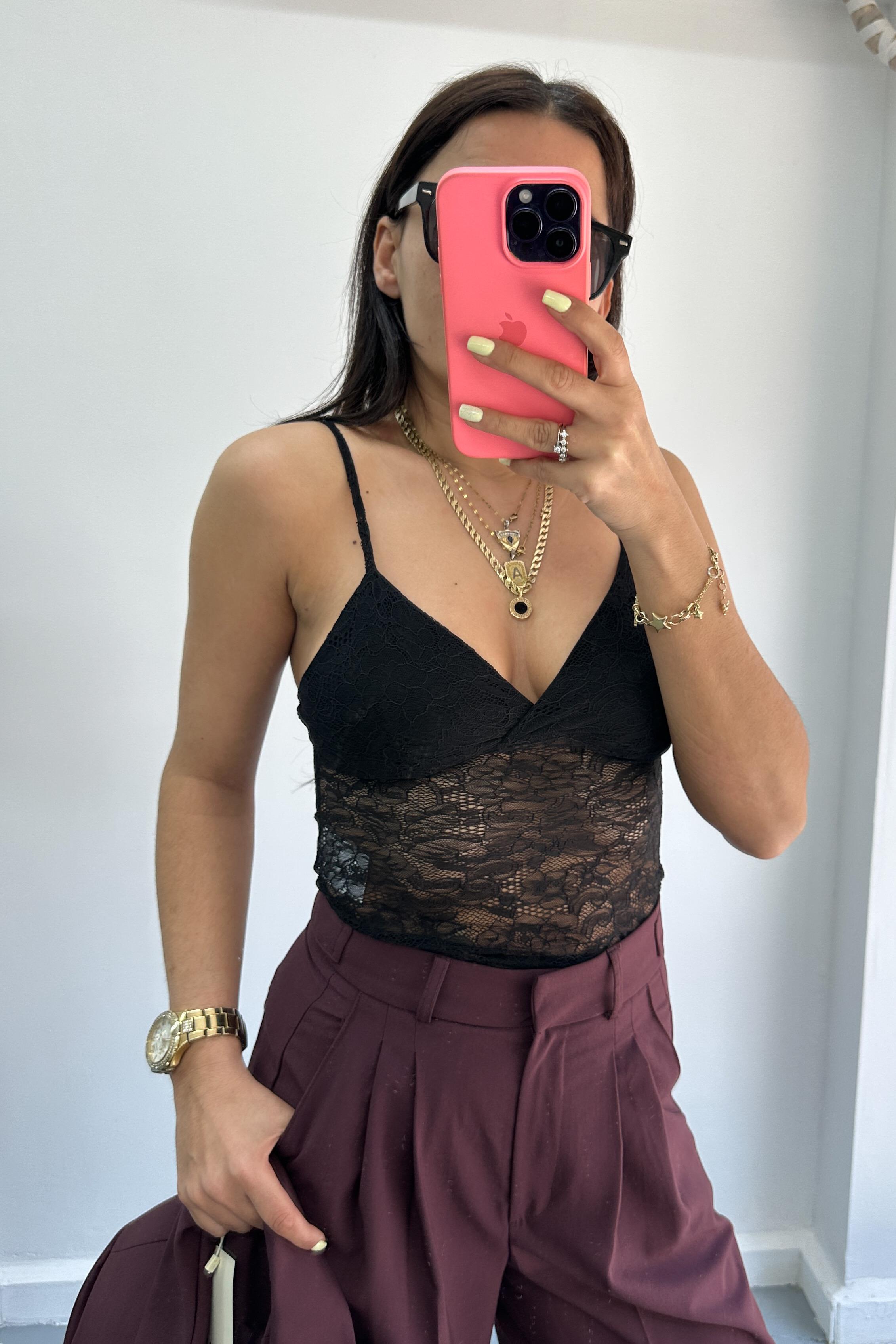 Çıtçıtlı Siyah Dantel BodysuitBLUZ