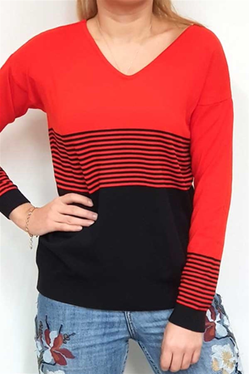 Çizgi Detay V Yaka Triko Bluz
