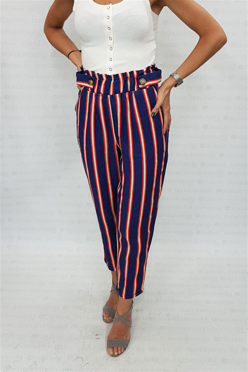 Çizgili Havuç Kesim Lacivert Keten Pantalon