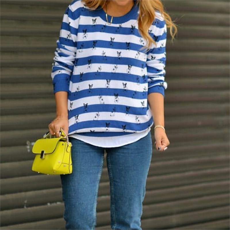 Çizgili Köpek Baskılı Triko