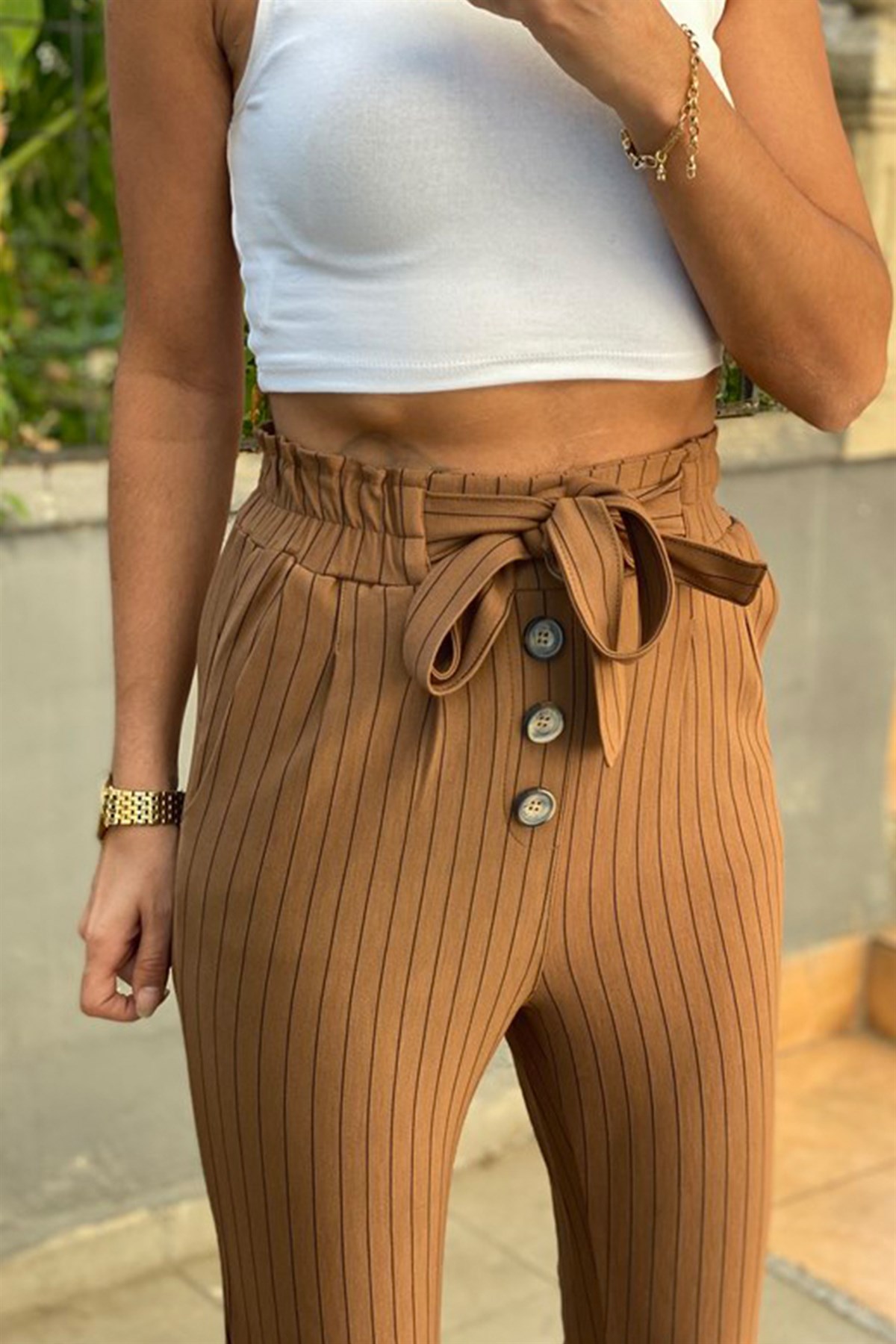 Çizgili Kuşaklı Kahve Havuç PantalonPANTOLON