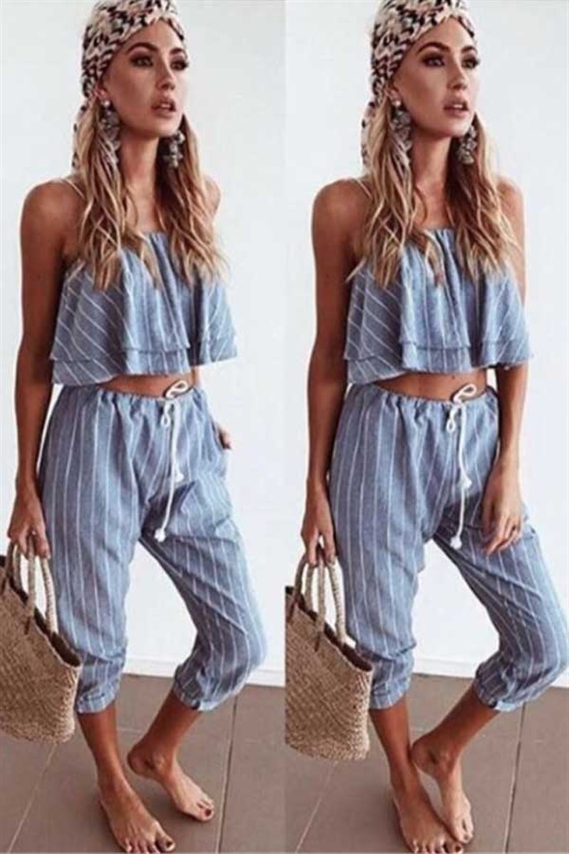 Çizgili Volanlı Bluz Midi Pantalon Takım