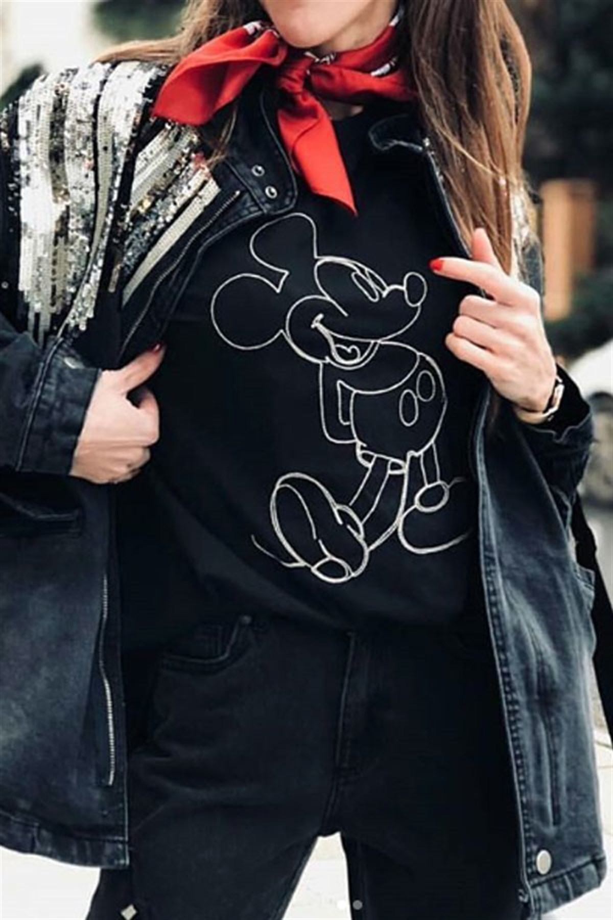 Çizim Mickey Omzu Yazılı Tshirt
