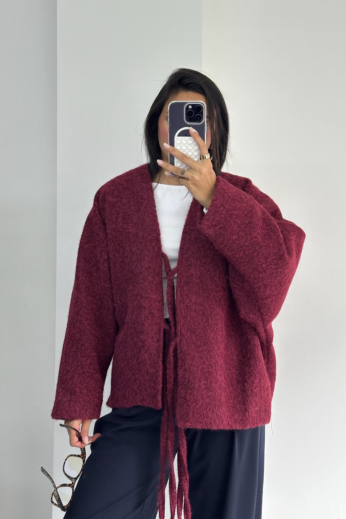 Önden Bağlamalı Kaşe Bordo Ceket