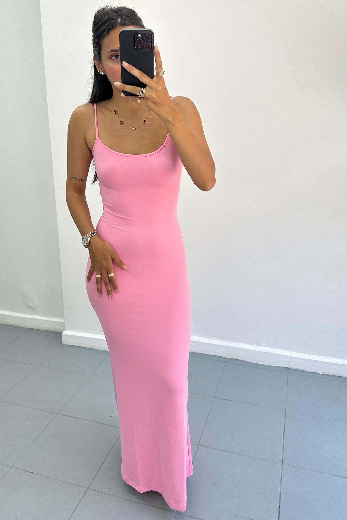 Askılı Uzun Pembe Elbise