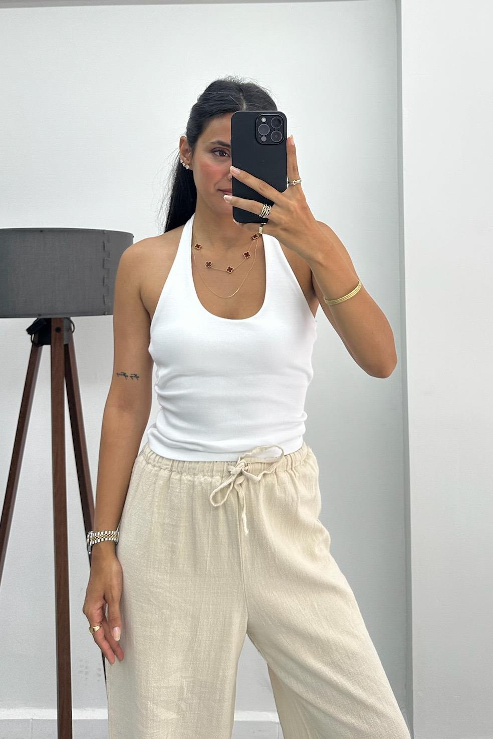 Halter Yaka Boyundan Bağlamalı Beyaz Top