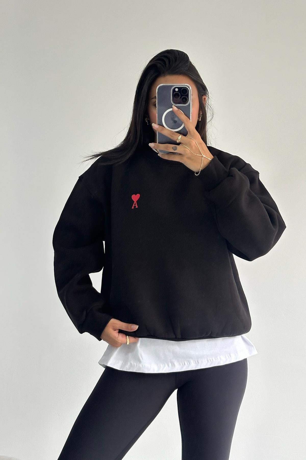 A Harfli Siyah Oversize Sweatshirt
